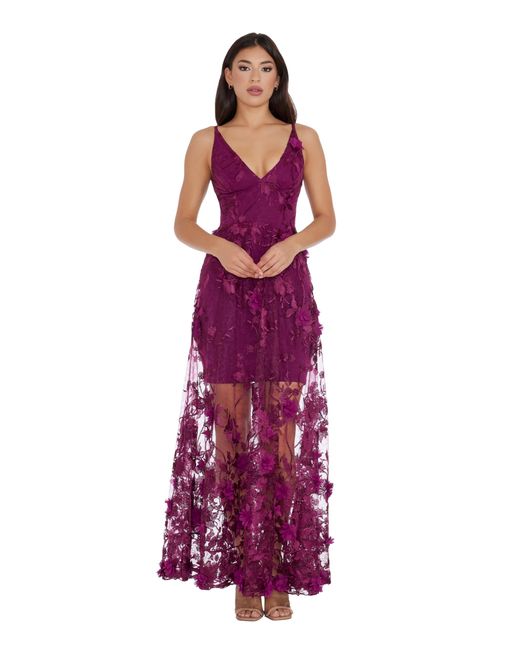 Dress the Population Purple S Embellished Plunging Gown Sleeveless Floral Long Dress
