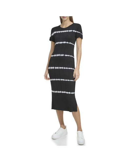 Andrew Marc Black Short Sleeve Printed Midi Dress With Slits