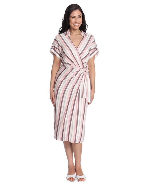 Maggy London Pink London Times Plus Size Striped Faux Wrap Collar V-neck Midi Dress