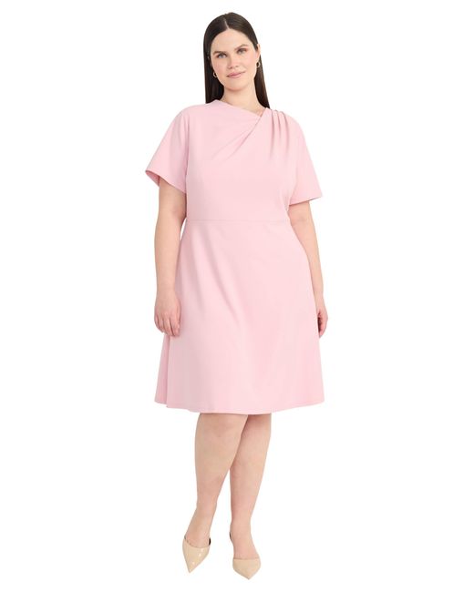 Maggy London Pink Plus Size A-line Short Sleeve Gathered Neckline Knee Length Business Casual Cocktail Wedding Guest Dress