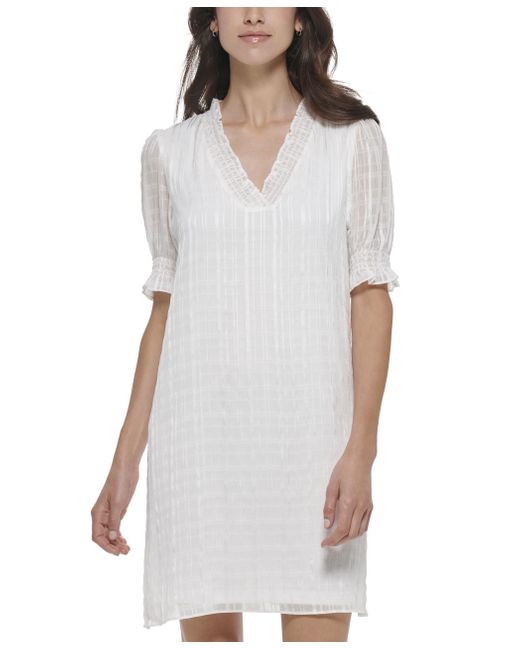 DKNY White Casual Smocked Sleeve Vneck Dress