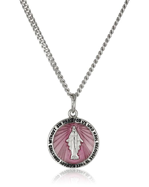 Amazon Essentials Sterling Silver Miraculous Medal With Pink Epoxy And Stainless Steel Chain Pendant Necklace
