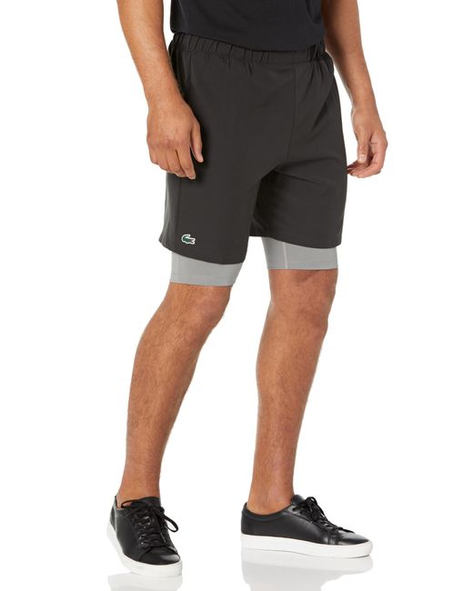 Lacoste Black 's Two-tone Sport Shorts With Built-in Undershorts for men