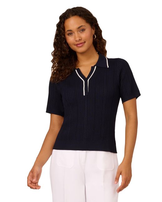 Adrianna Papell Blue Open V-neck Polo Mix Rib Cable Sweater With Short Sleeves
