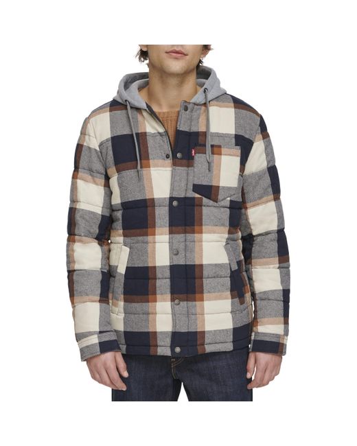 Levi's Gray Quilted Plaid Puffer With Jersey Hood for men