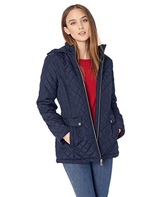 Tommy Hilfiger Blue Diamond Quilted Jacket With Covered Placket And Hood