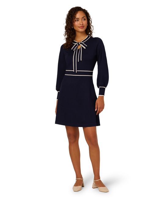 Adrianna Papell Blue Tie Neck Tipped Fit And Flare Knee Length Sweater Dress