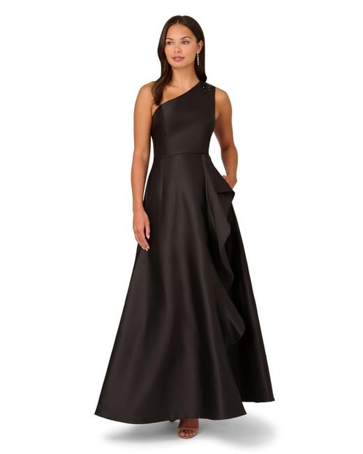 Adrianna Papell Black One Shoulder Mikado Gown