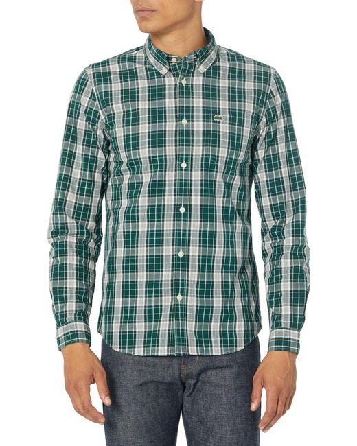 Lacoste Green Long Sleeve Slim Fit Poplin Stretch Plaid Button Down Shirt for men