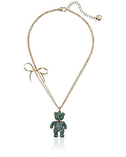 Betsey Johnson Blue Pink Teddy Bear Pendant Necklace, 17" + 4" Extender