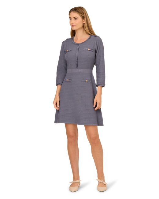 Adrianna Papell Blue Waffle Textured Fit And Flare Knee Length Sweater Dress