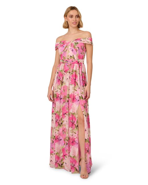 Adrianna Papell Pink Printed Off-sholder Dress