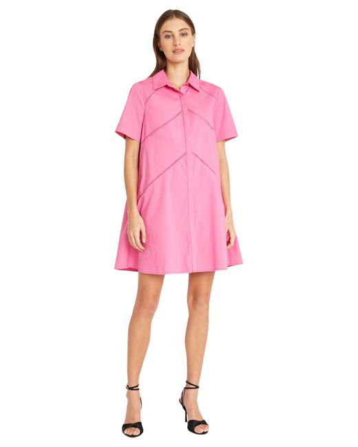 Donna Morgan Pink Collared Shirt Ladder Embroidery Trim Detail | Casual Dresses For