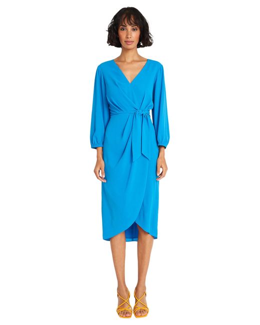 Maggy London Blue Long Sleeve V-neck Faux Wrap Crepe Dress Event Party Occasion Guest Of
