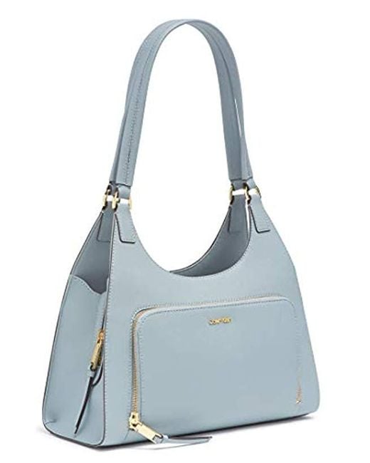 Calvin Klein Ava Saffiano Leather Triple Compartment Hobo Shoulder Bag in Twilight Blue (Blue