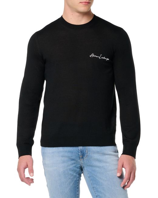 Emporio Armani Black A | X Armani Exchange Merino Wool Mix Signature Logo Crewneck Pullover Sweater for men
