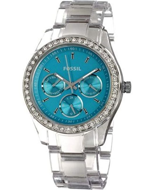Fossil Blue Es2603 Clear Plastic Bracelet Turquoise Glitz Analog Dial Multifunction Watch