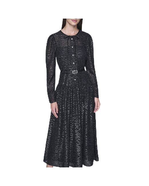 Karl Lagerfeld Black Paris Long Sleeve Crew Neck Rhinestone Buckle Belt Chiffon Midi Dress