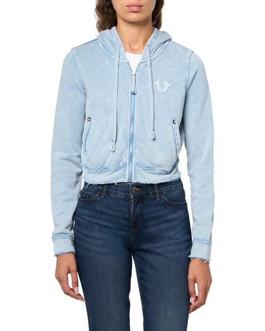 True Religion Blue Washed Raw Edge Big T Shrunken Zip Hoodie | Zip-up Sweatshirt With Big T Logo- L