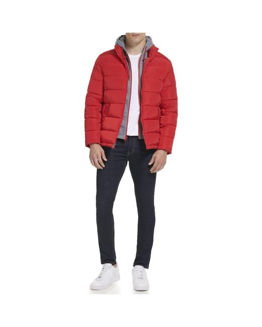 Kenneth Cole Red Hood Puffer Angled Welt Pockets Horizontal Quilting Jacket for men