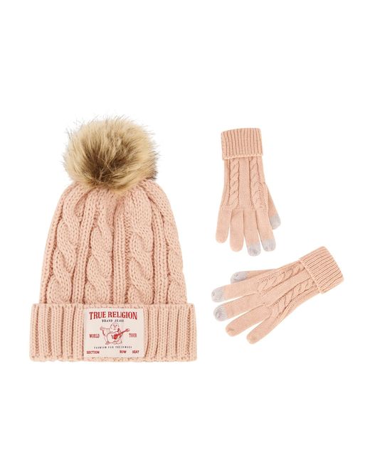 True Religion Pink Beanie Hat And Touchscreen Glove Set
