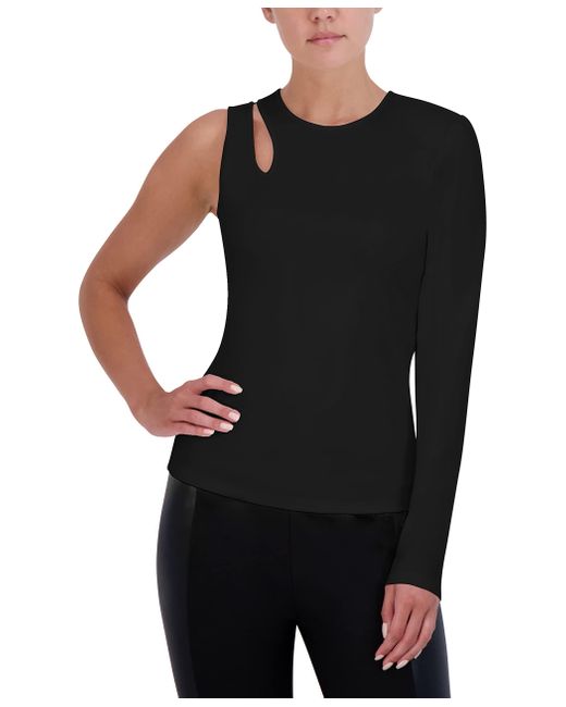 BCBGMAXAZRIA Black Fitted Top One Long Sleeve Crew Neck Shoulder Cut Out Shirt