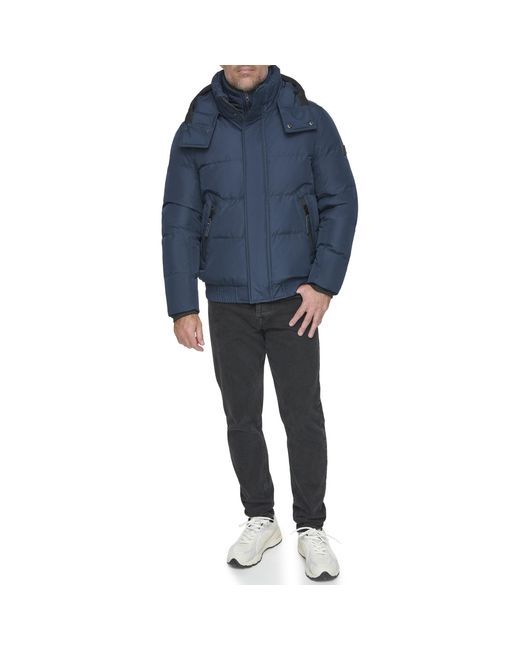 Andrew Marc Blue Short Quilted Inner Bib Attached Down Fill Phoenix Down Bomber Hybrid for men