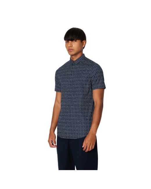 Emporio Armani Blue A | X Armani Exchange Slim Fit Stretch Cotton Poplin Printed Short Sleeve Woven Shirt for men