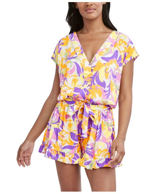 BCBGeneration Multicolor Standard Short Sleeve Romper Swimsuit Cover Up With Ruffle Hem
