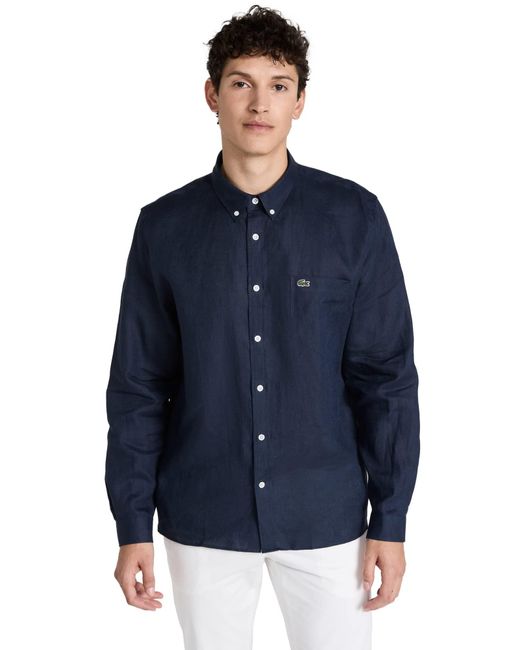 Lacoste Blue Long Sleeve Regular Fit Linen Button-down With Front Pocket for men
