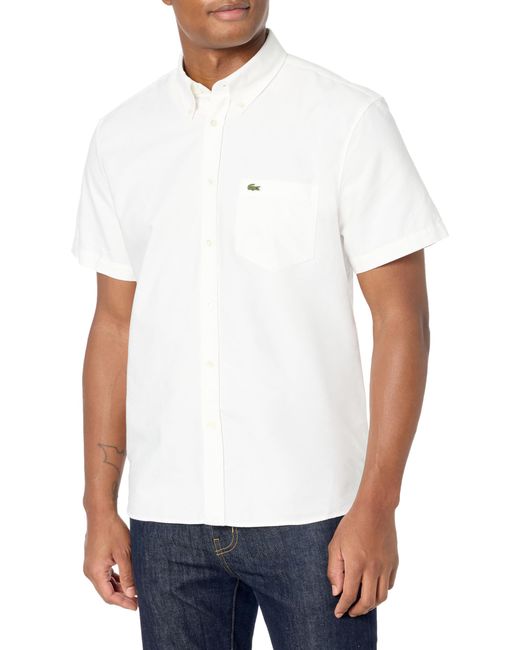 Lacoste White Regular Fit Short Sleeve Oxford Collared Button Down Shirt W/front Chest Pocket for men
