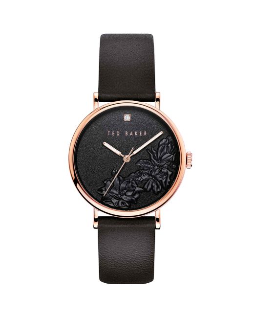 Ted Baker Black Watches Phylipa Flowers Stainless Steel Quartz Watch With Leather Calfskin Strap