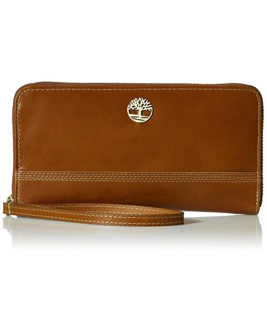 Timberland Brown Womens Leather Rfid Zip Around Wallet Clutch With Strap Wristlet