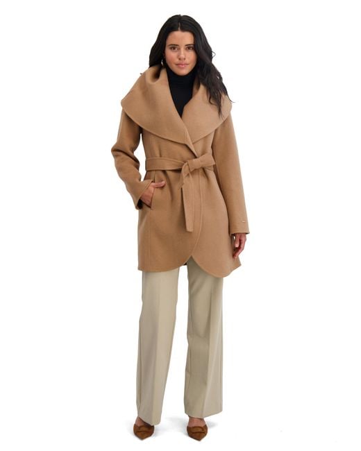 Tahari Brown Marilyn Lightweight Double Face Wool Wrap Coat With Oversized Collar
