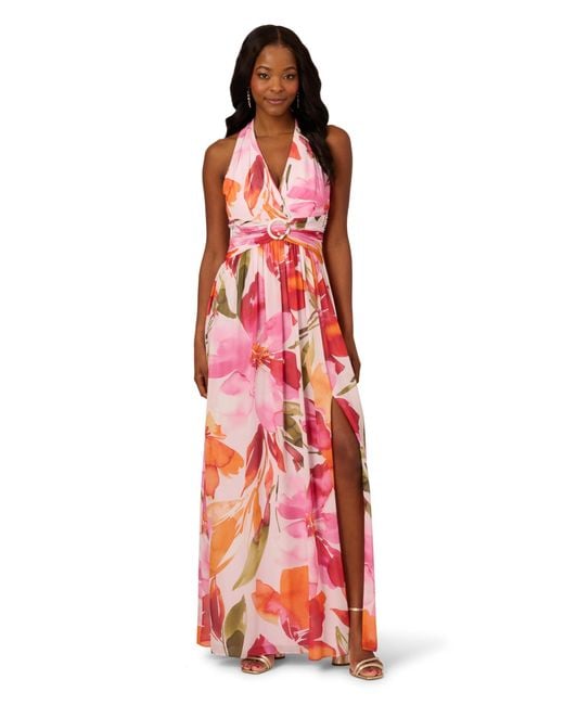 Adrianna Papell Women's Red Floral Chiffon Ring Gown