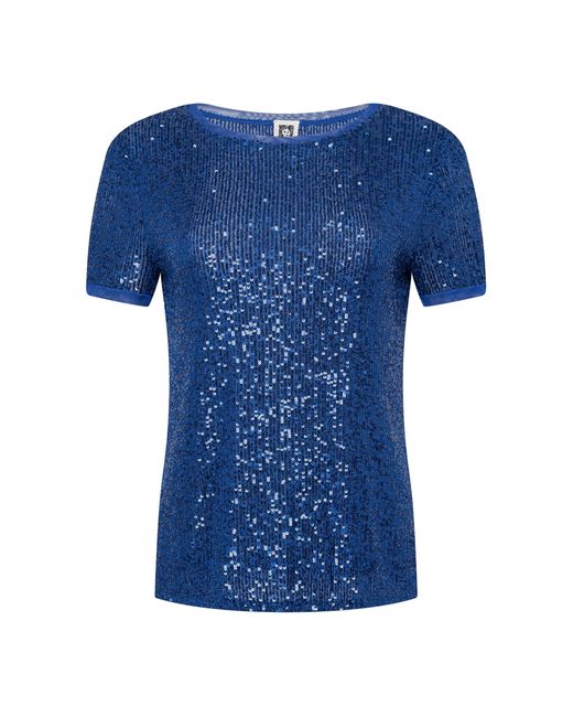 Anne Klein Blue Sequin Mesh W Triple Mesh Ss Banded Tee