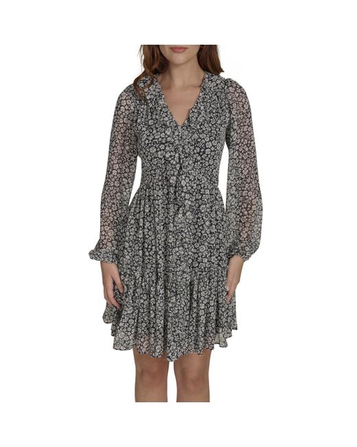 Tommy Hilfiger Gray Long Sleeved Vneck Ruffle Shift Dress