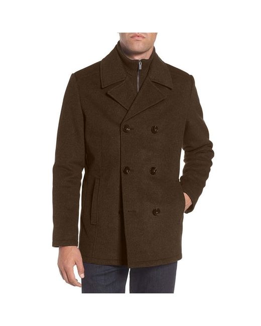 Kenneth Cole Brown Notched Lapel Wool Pea Coat Knit Bib for men
