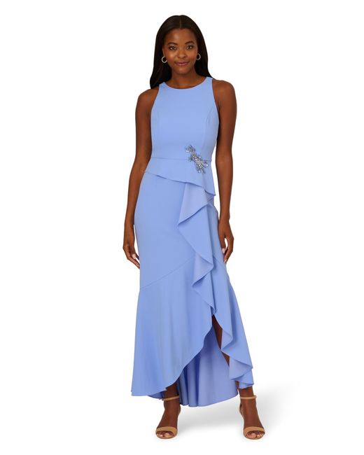 Adrianna Papell Blue Beaded Crepe Halter Gown