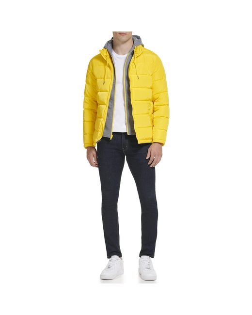 Kenneth Cole Yellow Hood Puffer Angled Welt Pockets Horizontal Quilting Jacket for men