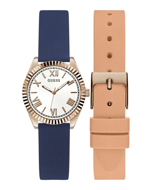 Guess Blue Interchangeable Straps White Dial Rose Gold-tone