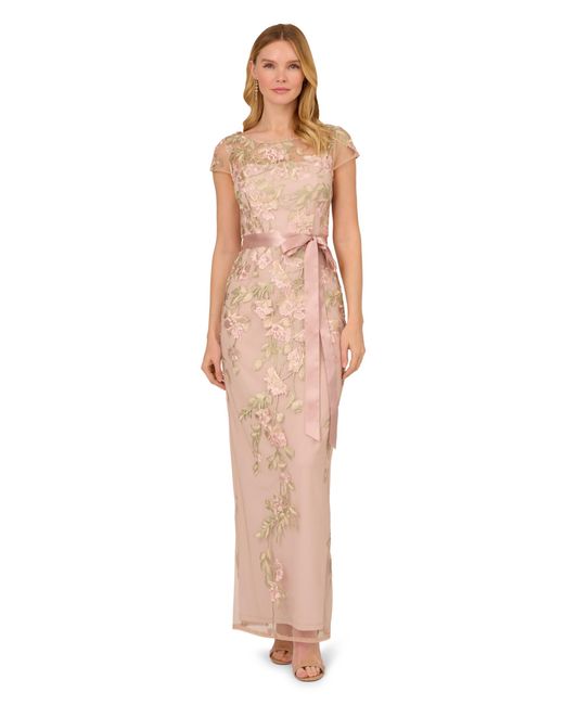 Adrianna Papell White Cascading Floral Embroidered Long Column Gown