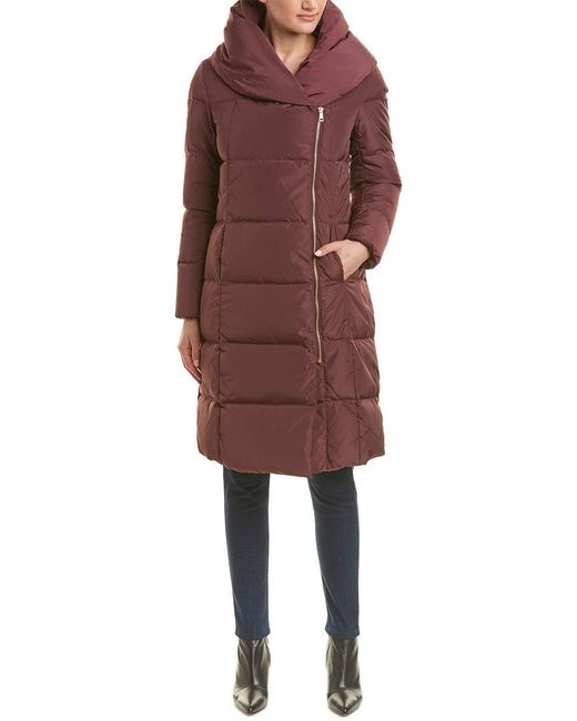 Cole Haan Red Long Size Zip Hooded Quilted Down Coat