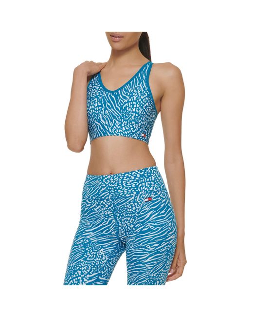 Tommy Hilfiger Blue Low Impact Animal Mix Print Removable Cups Sports Bra