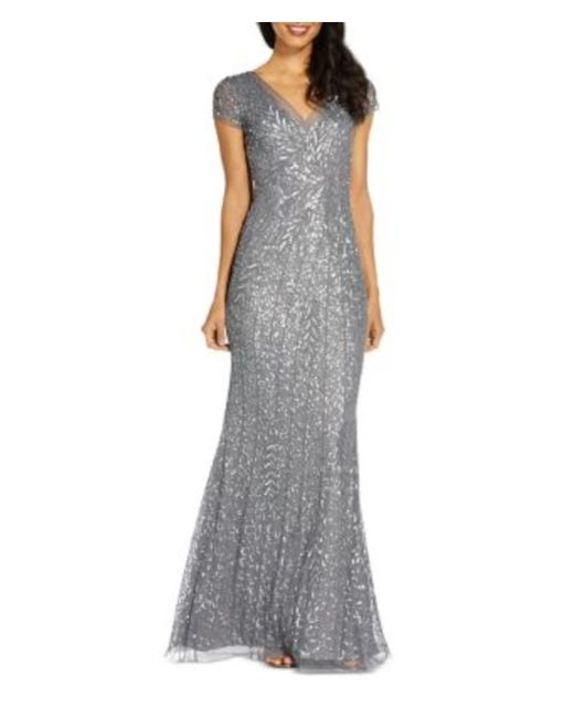 Adrianna Papell Gray Beaded Mermaid Gown Grey