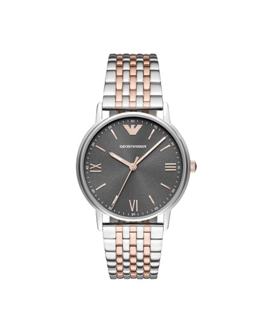 Emporio Armani Metallic Three-hand Silver And Rose Gold Two-tone Stainless Steel Bracelet Watch for men