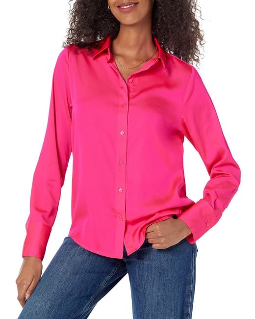 Amazon Essentials Red Regular-fit Satin Button Down Blouse