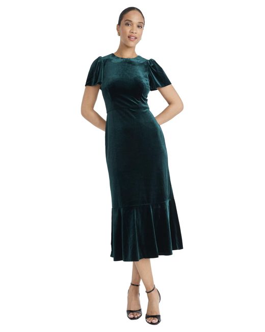 Maggy London Women's Blue Velvet Midi Flutter Sleeves And