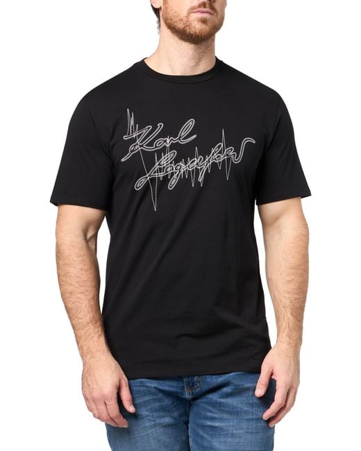 Karl Lagerfeld Black Paris Crewneck Short Sleeve Embroidered Textured T-shirt for men