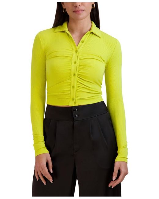 BCBGeneration Yellow Long Sleeve Collar Neck Rouched Front Button Down Knit Top